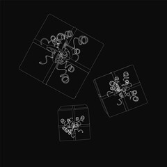 Poster - Three white wireframe boxes arranged in a triangular formation on a solid black background. The central box is largest, flanked by two smaller ones, creating a minimalist gift box concept.