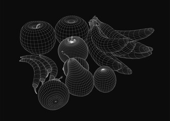 Aufkleber - A symmetrical arrangement of 3D wireframe fruits with unique shapes and textures, featuring yellow and green hues against a deep black background. The clean composition highlights the geometric.