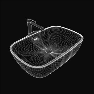 A 3D model of a sleek white bathroom sink with a chrome tap, rendered realistically on a black background. The wireframe structure highlights the design details.