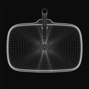 A 3D wireframe dustpan model stands out against a black background, showcasing realistic details and clean lines. The sink and tap elements add context to the household cleaning tool.