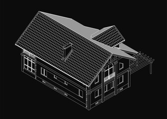 Poster - A black and white contour drawing of a house featuring a pitched roof design with clean lines and simple details. The minimalist illustration highlights the architectural structure without shading.