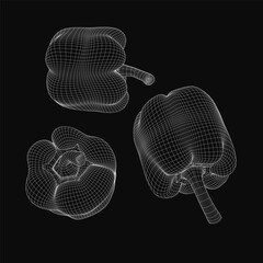 Poster - Three bell peppers rendered as 3D models with realistic textures and distinct shapes. The wireframe structure highlights their organic forms against a stark black background.