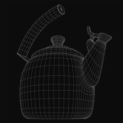 Poster - A wireframe kettle model features intricate 3D details including the spout, handle, and lid. The teapot is rendered realistically against a black background.