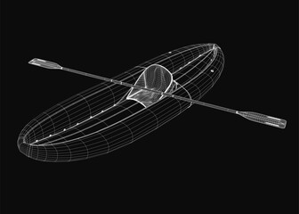 Aufkleber - A 3D model of a kayak with two oars rests on a black background, featuring a realistic rubber texture and wireframe details. The oars are centered, ready for paddling.