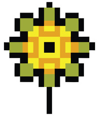 Poster - Retro pixel art sunflower with green leaves and a black stem a simple and colorful digital illustration of a blooming flower in a vintage video game style
