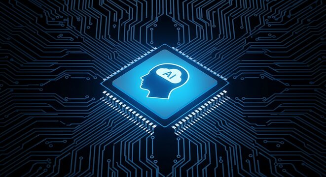 Artificial Intelligence Circuit Board Illustration, AI Chip Technology Background with Head and Cloud Graphics