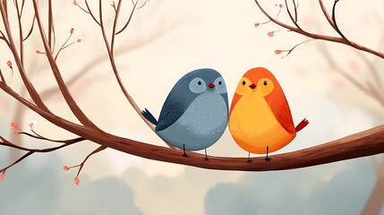 cartoon couple of birds sitting on tree branch bright background playful nature scene illustration f