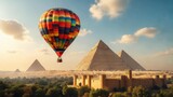 Colorful hot air balloon floats over ancient pyramids at sunrise