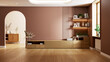 © LEKSTOCK 3D - A Modern and cozy TV cabinet  featuring earthy mocha tones, wooden flooring, built-in shelves, and natural light from a tall window.3d render