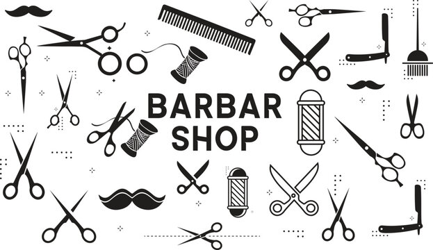 Barber Tools for Haircut black and white vector icon set