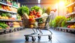 © rizqiono - A shopping cart overflowing with fresh produce, positioned in a well-stocked grocery store aisle.