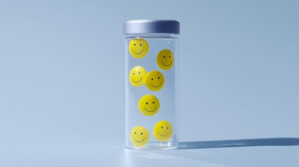 Poster - A clear jar filled with bright yellow smiley face emoticons creates a joyful and playful atmosphere. Perfect for conveying happiness and positivity in various designs. AI
