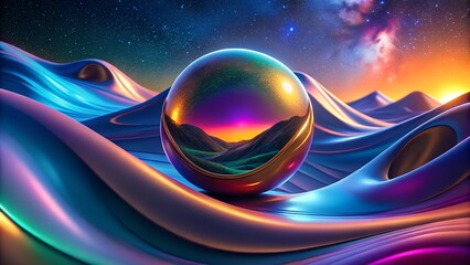 Poster - Reflective Sphere on Colorful Abstract Landscape – Futuristic 3D Sci-Fi Scene, Background 