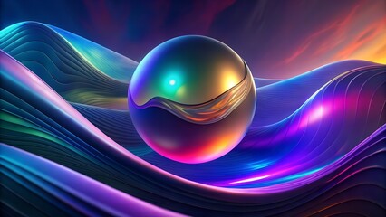Poster - Futuristic Glowing Sphere on Colorful 3D Waves, Background 