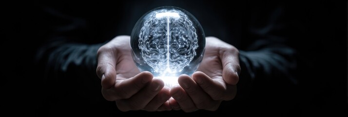 Poster - Mystical Glowing Orb Containing a Brain Held by Hands in a Dark Setting Conveying Modern Symbolism of Knowledge and Awareness