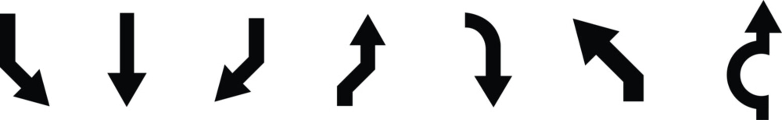 Road Navigation Arrow icon set.Chevron shape line. Swipe icon. Design element. Vector illustration isolated on white background.Way pointer symbol. Turn arrow navigation sign. Traffic route.
