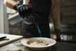 © DragonImages - Caucasian young adult man wearing striped apron using culinary torch to caramelize dish in restaurant kitchen, right hand holding torch over plate, black gloves visible