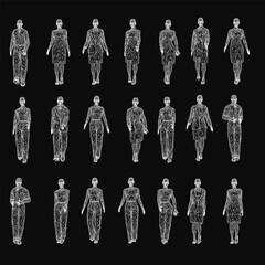 Poster - Wireframe of a man and woman in various poses form a grid pattern on a black background. Each figure displays unique anatomy, resembling wireframe models.