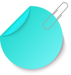 Poster - Metallic paperclip gripping the curled corner of a blank round turquoise sticker, casting a soft shadow against a clean white background, creating a modern and minimalistic design element