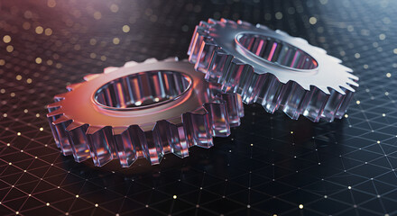 Poster - Interlocking Glass Cogwheels on Dark Web Surface in Soft Lighting Style Gears Mechanism