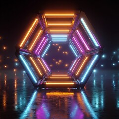 Aufkleber - Futuristic glowing hexagon with vibrant neon lights reflecting on wet surface creating a tunnel