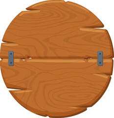 Aufkleber - Two light brown wooden planks, slightly chipped and weathered, joined by metal hinges, creating a round sign that hangs against a clean white background, offering a rustic charm