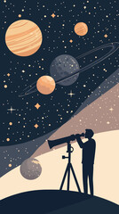 Poster - Silhouette of man observing planets and stars through telescope under night sky with rings in flat minimalist vector style