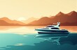 © starush - Luxury yacht floating on calm water during sunset with mountain landscape in background