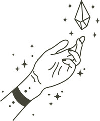 Poster - Line drawing depicting a hand adorned with a bracelet, gracefully holding a magic crystal surrounded by twinkling stars, capturing an esoteric and mystical essence in a simple, elegant design