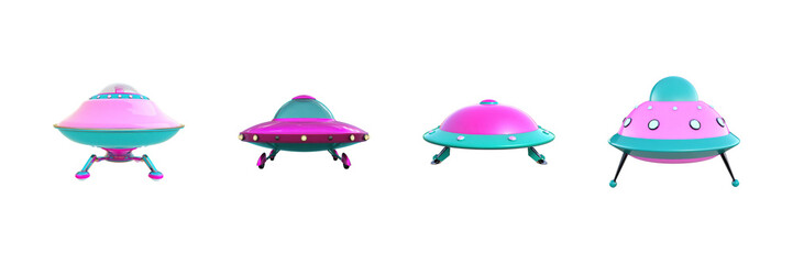 Poster - Colorful Cartoon Ufos Set. Whimsical Alien Spaceship Designs Collection Isolated On Transparent Background