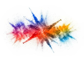 Poster - Colorful Powder Explosion - Vibrant multicolored powder exploding on white background, ideal for design projects needing a splash of color and energy
