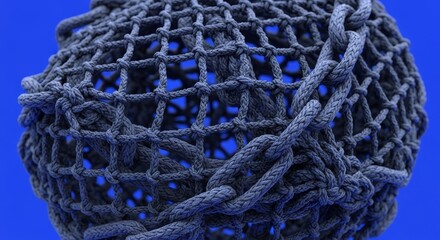 Poster - Intricate Knotted Net Sphere - A complex, three-dimensional network of interwoven ropes, symbolizing connection, security, entanglement, complexity, and artistry.
