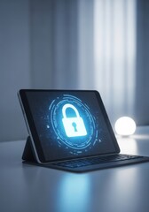 Poster - Security Tablet - A tablet displays a glowing padlock icon, symbolizing online data protection and cybersecurity