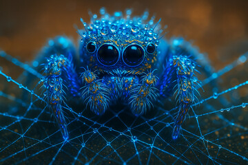 Colorful glowing spider with water droplets on web fantasy nature closeup concept macro image with soft background and digital creature inspired aesthetics