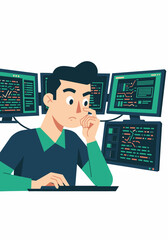 A focused programmer thoughtfully analyzes complex code on multiple computer monitors.
