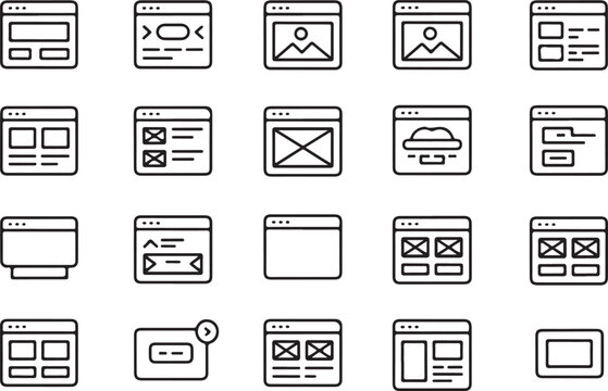 Modern web design icon collection featuring a clean minimalist silhouette of user interface elements and digital tools