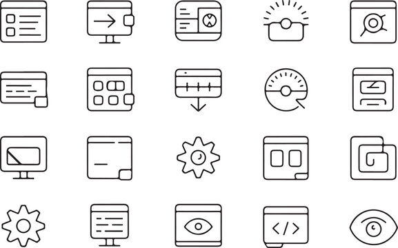 Modern web design icon featuring a stylized browser window with code elements and a cursor presented in a clean silhouette style