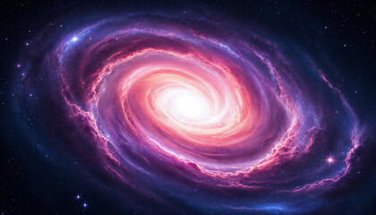 Wall Mural - digital painting of a spiral galaxy with pink-purple clouds on a starry dark blue backdrop.