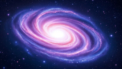 Wall Mural - digital painting of a spiral galaxy with pink-purple clouds on a starry dark blue backdrop.