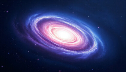 Wall Mural - digital painting of a spiral galaxy with pink-purple clouds on a starry dark blue backdrop.