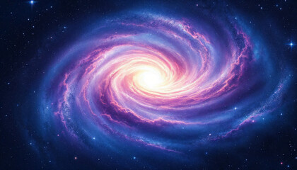 Wall Mural - digital painting of a spiral galaxy with pink-purple clouds on a starry dark blue backdrop.