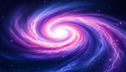 Wall Mural - digital painting of a spiral galaxy with pink-purple clouds on a starry dark blue backdrop.