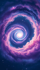 Wall Mural - digital painting of a spiral galaxy with pink-purple clouds on a starry dark blue backdrop.