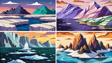 Flat cartoon vector set of polar region coastline with icy floes, cold ocean, rugged cliffs, and purple twilight sky. Arctic winter landscape design for banners