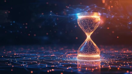 Poster - Futuristic hourglass in glowing geometric lines showcasing the concept of time passing in a digital universe