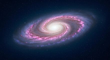Wall Mural - a spiral galaxy with pink-purple clouds on a starry dark blue backdrop.