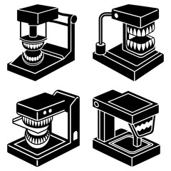Poster - Illustration of four dental articulator machines in black and white isometric view on a white background