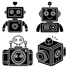 Poster - Four black and white robot illustrations with different designs and features in a vector format image