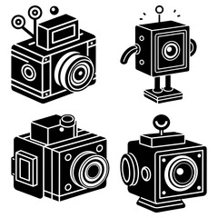 Poster - four stylized black and white robot designs with cube shaped bodies and circular lens elements prese