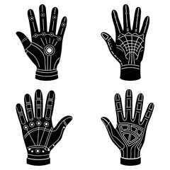Poster - Four stylized black and white robotic hands with intricate designs displayed on a white background image